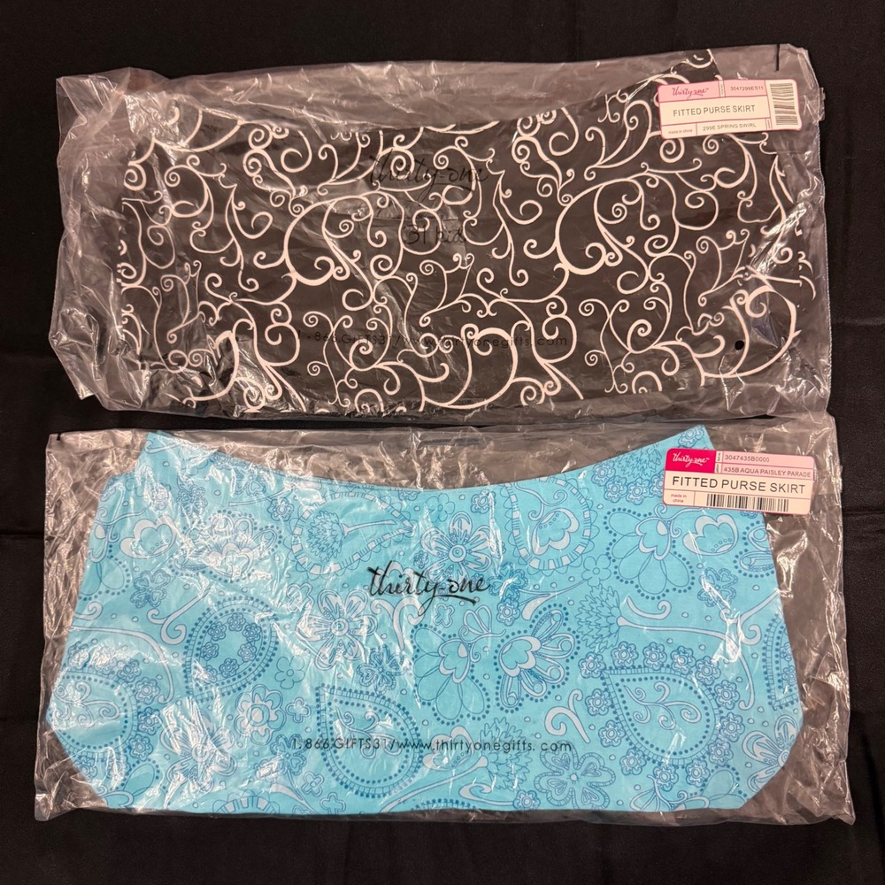 Thirty-One Fitted Purse Skirt Set Spring Swirl Black Aqua Paisley Parade 2pk New